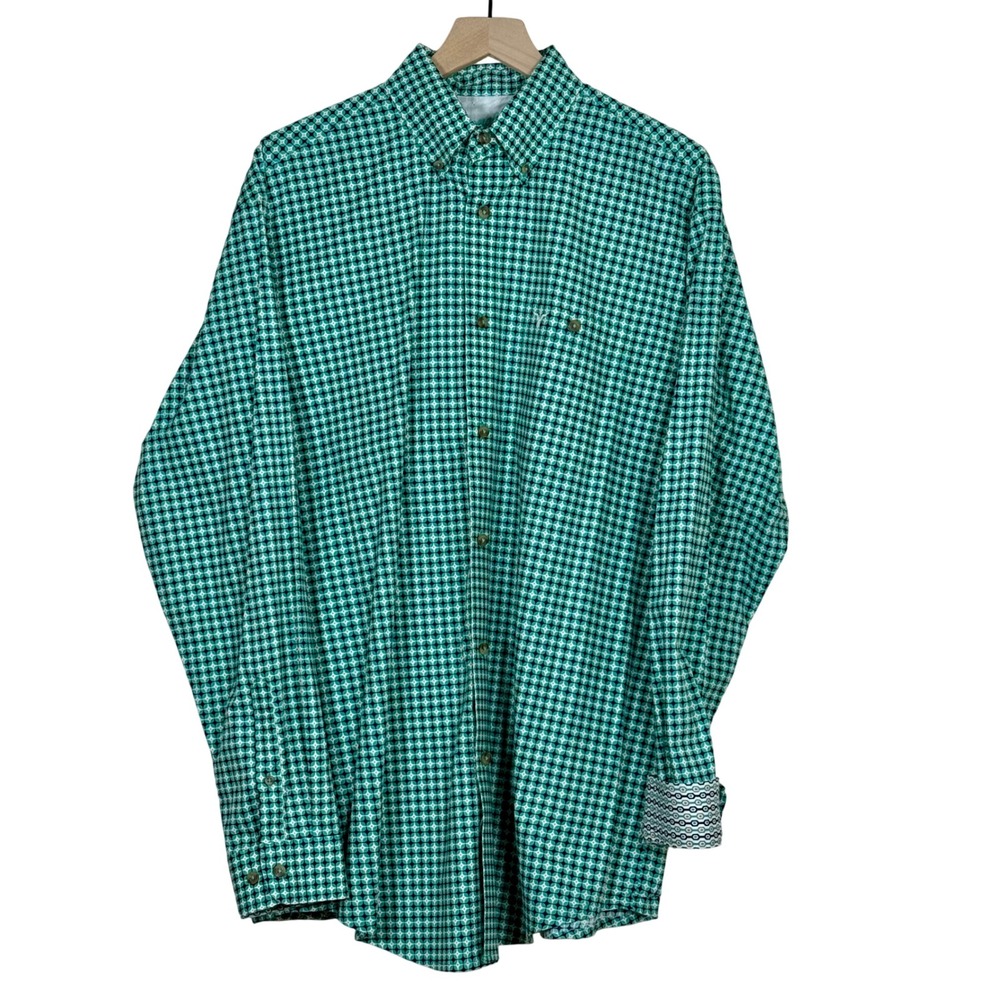 Wrangler 20X Button Down Shirt L Teal Navy Geometric Print Contrast Cuff Western